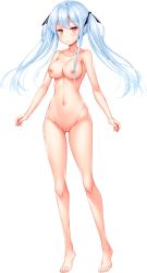Rule 34 | 1girl, barefoot, blue hair, blush, breasts, censored, colette (yuukyuu no campanella), collarbone, completely nude, full body, highres, ko~cha, large breasts, light blue hair, long hair, mosaic censoring, navel, nipples, nude, official art, photoshop (medium), pussy, red eyes, smile, solo, tachi-e, transparent background, twintails, yuukyuu no campanella