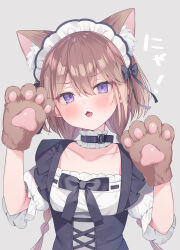 Rule 34 | 1girl, animal ear fluff, animal ears, animal hands, black dress, blush, braid, breasts, brown gloves, brown hair, collarbone, commentary request, dress, ebihara beniko, fang, gloves, grey background, hair between eyes, hands up, highres, long hair, looking at viewer, low twintails, open mouth, original, paw gloves, puffy short sleeves, puffy sleeves, purple eyes, shirt, short sleeves, simple background, sleeveless, sleeveless dress, small breasts, solo, translation request, twin braids, twintails, upper body, very long hair, white shirt