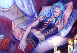 Rule 34 | 1boy, arm behind head, black corset, blue hair, candle, corset, dreadlocks, eg (eastg111), feet out of frame, heat (one piece), highres, indoors, long hair, lying, male focus, mature male, on back, on bed, one piece, solo, stitched arm, stitched face, stitched mouth, stitches