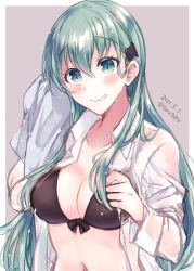 Rule 34 | 1girl, black bra, blouse, blush, bra, breasts, cleavage, collarbone, dated, green eyes, green hair, hair between eyes, hair ornament, hairclip, kabocha torute, kantai collection, large breasts, long hair, long sleeves, navel, see-through, shirt, solo, suzuya (kancolle), twitter username, underwear, upper body, wet, wet clothes, white shirt