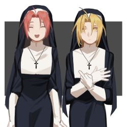 Rule 34 | 1boy, 1girl, absurdres, ahoge, blonde hair, cbow, closed eyes, closed mouth, cross, cross necklace, crossdressing, edward elric, fullmetal alchemist, gloves, hair between eyes, highres, jewelry, medium hair, middle finger, necklace, nun, open mouth, pink hair, rose tomas, smile, teeth, traditional nun, turtleneck, two-tone background, upper teeth only, white gloves, yellow eyes