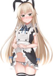 Rule 34 | 1girl, alternate costume, apron, black dress, black ribbon, black thighhighs, blonde hair, blue bow, blue ribbon, blush, bow, brown eyes, closed mouth, clothes lift, cowboy shot, dress, dress lift, enmaided, frilled apron, frilled dress, frills, frown, hair bow, hair ribbon, highres, kantai collection, lifting own clothes, long hair, looking at viewer, maid, navel, neck ribbon, nose blush, panties, puffy short sleeves, puffy sleeves, raised eyebrows, ribbon, shimakaze (kancolle), short sleeves, sidelocks, simple background, solo, standing, straight hair, thighhighs, tiemu (man190), underwear, upskirt, very long hair, white apron, white background, white panties, wing collar