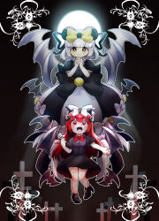 2girls absurdres black_dress cross demon_horns demon_wings dress hair_ornament heterochromia highres holding holding_cross horns mapa_(wqgrkt_krbko) multiple_girls nyanyamo_daowa open_mouth own_hands_clasped own_hands_together pale_skin red_hair ribbon skull_hair_ornament towelket_wo_mou_ichido warawau_nyamunyamu white_hair wings yorumorukimiri