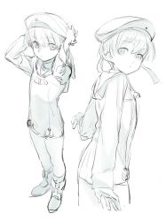 Rule 34 | 1girl, adjusting clothes, arms at sides, bare legs, child, collared shirt, dress, eyes visible through hair, flat chest, from above, from side, hat, highres, kantai collection, looking at viewer, monochrome, multiple views, nose, sailor collar, sailor dress, sailor hat, shirt, short hair, simple background, sketch, solo, tareme, urasanmyaku, white background, white hair, z1 leberecht maass (kancolle)