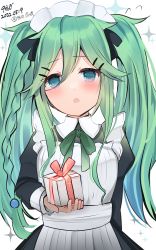 Rule 34 | 1girl, 9610 (kuroto), absurdres, alternate costume, alternate hairstyle, apron, black ribbon, blouse, box, braid, breasts, collared shirt, cowboy shot, dated, dress, enmaided, frilled apron, frills, gift, gift box, green dress, green hair, green neckerchief, hair between eyes, hair ornament, hair ribbon, hairclip, highres, kantai collection, long hair, long sleeves, looking at viewer, maid, maid apron, medium breasts, neckerchief, open mouth, puffy long sleeves, puffy sleeves, ribbon, shirt, side braid, smile, solo, sparkle background, twintails, twitter username, white apron, white shirt, yamakaze (kancolle)