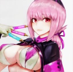 Rule 34 | 1girl, artist request, between fingers, bikini, braid, breasts, closed mouth, fate/grand order, fate (series), florence nightingale (fate), florence nightingale (trick or treatment) (fate), gloves, green gloves, hat, holding, large breasts, long hair, looking at viewer, official alternate costume, pink hair, red eyes, shrug (clothing), smile, solo, swimsuit, syringe, upper body