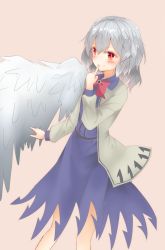 Rule 34 | 1girl, blush, dress, finger to mouth, highres, kishin sagume, long sleeves, looking away, purple dress, red eyes, short hair, silver hair, simple background, single wing, slit pupils, smile, solo, toto (nyky831018/), touhou, vest, wings