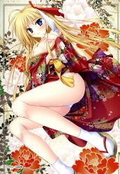 Rule 34 | 1girl, absurdres, ahoge, blonde hair, blue eyes, blush, breasts, breasts out, hair ribbon, highres, japanese clothes, kimono, long hair, looking at viewer, lying, medium breasts, nipples, no bra, on side, open clothes, open shirt, panties, ribbon, solo, underwear, yamamoto kazue