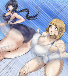 Rule 34 | 2girls, ass, balmung hhq, blonde hair, blue hair, bouncing breasts, breasts, brown eyes, competition swimsuit, crossover, dutch angle, eyebrows, highres, hip attack, huge breasts, kaminashi nozomi, keijo!!!!!!!!, large breasts, multiple girls, narusawa ryouka, occultic;nine, one-piece swimsuit, season connection, speed lines, swimsuit