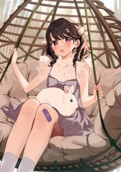 Rule 34 | 1girl, absurdres, bandaid, blush, cushion, dress, fukumaru koito, hair ornament, hanging chair, highres, idolmaster, idolmaster shiny colors, looking at viewer, nonbire, open mouth, rabbit, ribbon, see-through, see-through sleeves, sitting, skirt, solo, suspender skirt, suspenders, twintails, white dress