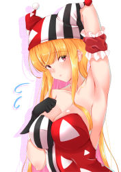 Rule 34 | 1girl, absurdres, arm behind head, arm garter, armpits, bad id, bad pixiv id, black gloves, blonde hair, breasts, charmant (nanohana linestamp), flying sweatdrops, gloves, hand on own chest, harlequin, hat, highres, jester cap, large breasts, leotard, long hair, looking at viewer, nanohana (november.), original, red eyes, smile, strapless, strapless leotard, upper body, very long hair