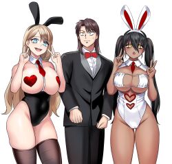 Rule 34 | 1boy, 2girls, absurdres, animal ears, between breasts, bikini, bikini top only, black hair, black jacket, black pants, blazer, blonde hair, blue eyes, bow, bowtie, breasts, brown hair, brown thighhighs, character request, cleavage cutout, clothing cutout, collared shirt, covered navel, dark-skinned female, dark skin, detached collar, double v, eyepatch bikini, fake animal ears, heart cutout, heart pasties, highres, ichijou seiya, jacket, kaiji, large breasts, leotard, long hair, long sleeves, multiple girls, necktie, necktie between breasts, pants, pasties, playboy bunny, rabbit ears, red bow, red bowtie, red necktie, shirt, strapless, strapless leotard, swimsuit, teeth, thighhighs, twintails, upper teeth only, v, white bikini, white eyes, white leotard, white shirt, wide-eyed, yellow eyes, yologyeolseogchung-gyeogpaswaeseogsul