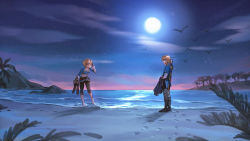 Rule 34 | 1boy, 1girl, ^ ^, alzi xiaomi, beach, bird, blonde hair, blue theme, boots, unworn boots, borrowed clothes, braid, breasts, brown footwear, cape, unworn cape, closed eyes, commentary request, crown braid, footprints, full moon, gloves, grey pants, hair ornament, hairclip, half updo, hand on own head, hand up, happy, highres, holding, holding boots, holding cape, holding clothes, holding footwear, holding shoes, horizon, laughing, layered sleeves, leaning forward, link, long sleeves, looking at another, medium breasts, moon, nature, night, night sky, nintendo, ocean, outdoors, pants, pants rolled up, pants tucked in, pointy ears, ponytail, princess zelda, profile, scenery, shadow, shoes, short hair, short over long sleeves, short sleeves, sky, smile, standing, sword, sword behind back, the legend of zelda, the legend of zelda: breath of the wild, the legend of zelda: tears of the kingdom, wading, weapon