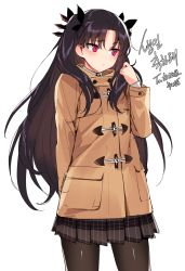 Rule 34 | 1girl, arm behind back, beige coat, black hair, black pantyhose, black ribbon, black skirt, blush, breasts, casual, coat, commentary request, duffel coat, fate/grand order, fate (series), hair ribbon, hand up, highres, ishtar (fate), korean commentary, korean text, long hair, long sleeves, looking away, miniskirt, ndgd, pantyhose, pleated skirt, pocket, raised eyebrow, red eyes, ribbon, shiny clothes, shiny legwear, shirt, shy, sidelocks, simple background, skirt, solo, standing, translated, two side up, very long hair, white background, white shirt, winter clothes, winter coat
