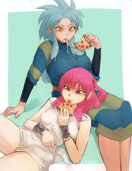 Rule 34 | 2girls, arm support, artist name, big hair, blue hair, blush, bracer, breasts, cheese, cheese trail, commission, crossover, dress, eating, food, highres, large breasts, long hair, long sleeves, lying, magi the labyrinth of magic, morgiana, multiple girls, on back, pink eyes, pink hair, pizza, ryouko (tenchi muyou!), seraziel, side ponytail, sitting, sleeveless, sleeveless dress, small breasts, tenchi muyou!, white dress, yellow eyes