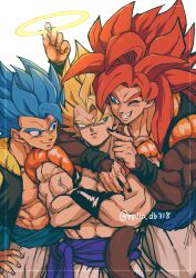 Rule 34 | absurdres, anger vein, biceps, black wristband, blue eyes, blue sash, body fur, dragon ball, dragon ball gt, dragon ball super, dragonball z, gogeta, grabbing, halo, halo grab, highres, holding halo, male focus, metamoran vest, monkey boy, monkey tail, multiple persona, muscular, muscular male, no nipples, pants, pectorals, red hair, relio db318, sash, simple background, smile, spiked hair, super saiyan, super saiyan 1, super saiyan 4, super saiyan blue, tail, veins, veiny hands, white pants