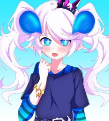Rule 34 | + +, 1girl, belt, blue background, blue dress, blue eyes, blush, bracelet, carlos daniel, chiliarch (elsword), dress, elsword, fang, gradient background, horns, jewelry, long hair, looking at viewer, luciela r. sourcream, open mouth, pointy ears, smile, solo, striped, sweatdrop, swept bangs, symbol-shaped pupils, twintails, upper body, vertical stripes, white hair