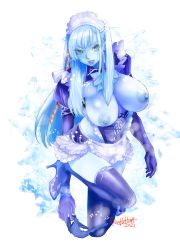 Rule 34 | 1girl, absurdres, alternate costume, apron, blue hair, blue panties, blue skin, blue theme, breasts, cleavage, colored skin, earrings, enmaided, final fantasy, final fantasy xiv, frills, gloves, high heels, highres, jewelry, leg up, leotard, lipstick, long hair, looking at viewer, maid, maid headdress, makeup, nipples, ooshima ryou, open mouth, panties, purple gloves, purple lips, purple thighhighs, ryne waters, shiva (final fantasy), solo, thighhighs, underwear, yellow eyes