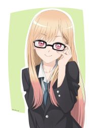 Rule 34 | 1girl, adjusting eyewear, artist name, black-framed eyewear, blazer, blonde hair, blue necktie, buttoned cuffs, buttons, closed mouth, collarbone, commentary, eyelashes, fingernails, framed, glasses, gradient hair, green background, hair over shoulder, hand up, highres, jacket, kitagawa marin, long fingernails, long hair, long sleeves, looking at viewer, mahkey0, multicolored hair, necktie, outline, outside border, pink hair, pink nails, red eyes, shirt, smile, solo, sono bisque doll wa koi wo suru, sparkling eyes, straight-on, twintails, two-tone background, upper body, white background, white outline, white shirt