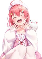 Rule 34 | 1girl, closed eyes, hat, highres, hololive, looking at viewer, nagura shiro, open mouth, pink hair, sakura miko, short hair, simple background, sitting, smile, solo, virtual youtuber