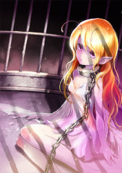 Rule 34 | 1girl, antennae, blonde hair, cage, chain, collar, fairy, original, pink eyes, pointy ears, solo, ume (illegal bible)