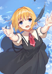 Rule 34 | air (visual novel), ascot, black dress, blonde hair, blue eyes, blue sky, cloud, commentary request, commission, cross, dress, feathers, from above, kamio misuzu, mitsuyo (mituyo324), official alternate hairstyle, red ascot, reflection, ripples, school uniform, shirt, short hair, sky, water, yellow shirt