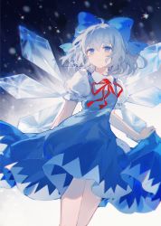 Rule 34 | 1girl, ahoge, blue bow, blue dress, blue eyes, blue hair, bow, cirno, closed mouth, collared shirt, commentary, dress, feet out of frame, hair bow, highres, ice, ice wings, looking at viewer, medium hair, neck ribbon, pinafore dress, puffy short sleeves, puffy sleeves, qianqianjie, red ribbon, ribbon, shirt, short sleeves, skirt hold, sleeveless dress, smile, snowflakes, solo, touhou, watermark, white shirt, wing collar, wings