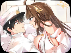 Rule 34 | 10s, 1boy, 1girl, :d, admiral (kancolle), ahoge, artist name, assertive female, breast on chest, breast press, breasts, brown hair, detached sleeves, eye contact, hair bun, hair ornament, half-closed eyes, isshiki (ffmania7), kantai collection, kongou (kancolle), large breasts, long hair, looking at another, lying, open mouth, short hair, single hair bun, smile, sweat, uniform