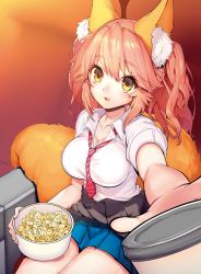 Rule 34 | 1girl, animal ear fluff, animal ears, bad id, bad pixiv id, breasts, cleavage, clothes around waist, eating, fate (series), food, fox ears, fox tail, jacket, jacket around waist, large breasts, long hair, looking at viewer, mogullaz, official alternate costume, open mouth, pink hair, popcorn, school uniform, shirt, skirt, solo, tail, tamamo (fate), tamamo no mae (jk) (fate), twintails, unbuttoned, yellow eyes