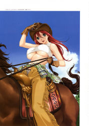 Rule 34 | 1girl, artbook, blouse, blue eyes, breasts, covered erect nipples, cowboy hat, cowboy western, eyebrows, fringe trim, gloves, hair between eyes, happoubi jin, hat, highres, horse, horseback riding, huge breasts, large breasts, open fly, open mouth, red hair, reins, riding, shirt, sleeveless, sleeveless shirt, solo, sports bra, sweet body, teeth, underboob, unzipped, white shirt