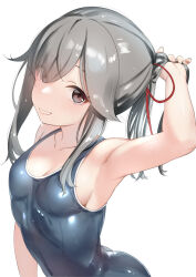Rule 34 | 1girl, armpits, breasts, brown eyes, commentary request, grey hair, grey one-piece swimsuit, grin, hair ribbon, highres, kantai collection, long hair, one-piece swimsuit, red ribbon, ribbon, sakieko, school swimsuit, simple background, small breasts, smile, solo, swimsuit, upper body, usugumo (kancolle), wet, wet clothes, wet swimsuit, white background