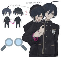 Rule 34 | 2boys, :d, ahoge, anger vein, arrow (symbol), black hair, black headwear, black jacket, black pants, blush, breast pocket, brown eyes, buttons, cowboy shot, cuffed, cuffs, danganronpa (series), danganronpa v3: killing harmony, double-breasted, dual persona, eyelashes, hair between eyes, hand under clothes, handcuffs, hug, iumi urura, jacket, long sleeves, magnifying glass, male focus, multiple boys, official alternate costume, open mouth, pants, pocket, saihara shuichi, selfcest, short hair, smile, striped clothes, striped jacket, striped pants, teeth, translation request, upper teeth only, yaoi
