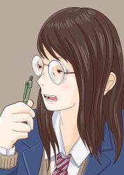 Rule 34 | 1girl, black eyes, blazer, blue jacket, blue skirt, brown hair, brown sweater, collared shirt, commentary, diagonal-striped clothes, diagonal-striped necktie, from side, glasses, grey-framed eyewear, hair over shoulder, highres, holding, holding pen, jacket, jimiko, lapels, layered clothes, light brown background, long hair, long sleeves, looking to the side, necktie, notched lapels, open clothes, open mouth, original, pen, portrait, red necktie, richicaism, round eyewear, school uniform, shirt, simple background, skirt, striped clothes, sweater, sweater vest, swept bangs, teeth, two-tone necktie, upper body, v-neck, white necktie, white shirt