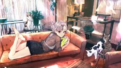 Rule 34 | 1girl, animal, barefoot, black shorts, blue eyes, brown shirt, cat, chair, closed mouth, couch, curtains, hair bun, highres, indoors, long sleeves, looking at viewer, lying, medium hair, model ship, on stomach, original, pink hair, plant, ponkan 8, potted plant, shirt, shorts, single hair bun, table, window, window blinds, wooden floor