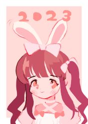 Rule 34 | 1girl, 2023, absurdres, animal ears, blunt bangs, bow, brown eyes, brown hair, closed mouth, commentary, fake animal ears, hair bow, highres, idolmaster, idolmaster cinderella girls, long hair, noniha, ogata chieri, pink background, pink bow, rabbit ears, solo, symbol-only commentary, twintails, upper body