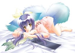Rule 34 | 1girl, animal ears, barefoot, bed sheet, blue hair, blush, bottomless, bow, clover, feet, fox ears, hair bow, highres, japanese clothes, koma, koma (tail tale), long hair, louis&amp;visee, lying, multiple tails, no panties, original, smile, solo, sword, tail, tail tale, torn clothes, weapon, yellow eyes