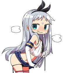 Rule 34 | 1boy, :3, :q, black bow, black panties, blend s, blue skirt, bow, cosplay, cowboy shot, crop top, crossover, elbow gloves, gloves, green eyes, hair bow, hairband, kanikama, kantai collection, kanzaki hideri, leaning forward, licking, long hair, looking at viewer, male focus, nervous sweating, panties, pleated skirt, school uniform, serafuku, shimakaze (kancolle), shimakaze (kancolle) (cosplay), shirt, side-tie panties, silver hair, simple background, skirt, solo, striped clothes, striped thighhighs, sweat, thighhighs, tongue, tongue out, trap, underwear, untied panties, very long hair, white background, white gloves, white shirt