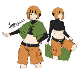 Rule 34 | 1girl, belt buckle, breasts, buckle, capelet, cargo shorts, cm lynarc, creatures (company), crop top, game freak, gardenia (pokemon), green capelet, hand on own hip, looking at viewer, medium breasts, midriff, multiple views, navel, nintendo, orange eyes, orange hair, panties, pants, pokemon, pokemon dppt, shorts, signature, simple background, smile, underwear, white background