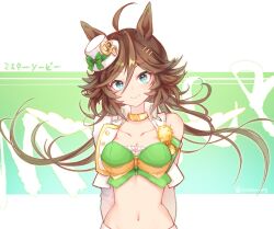 Rule 34 | 1girl, ahoge, animal ears, arms behind back, breasts, brown hair, character name, choker, closed mouth, collarbone, commentary, green eyes, hair between eyes, hair ornament, hairclip, hat, highres, horse ears, jacket, long hair, looking at viewer, midriff, mini hat, mini top hat, mr. c.b. (umamusume), navel, shirt, single bare shoulder, single sleeve, small breasts, smile, solo, sonosonosieg, strapless, strapless shirt, symbol-only commentary, top hat, umamusume, upper body, white jacket