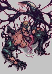 Rule 34 | 1boy, absolum art, animification, bara, bare pectorals, blonde hair, commission, eddie brock, facial hair, highres, large pectorals, long tongue, male focus, marvel, monster, muscular, open mouth, pectorals, saliva, sexually suggestive, sharp teeth, short hair, slime (substance), solo, spider-man (series), stubble, teeth, tongue, tongue out, venom (marvel)