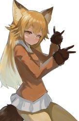 Rule 34 | 1girl, animal ear fluff, animal ears, blush, brown eyes, brown gloves, brown hair, brown jacket, brown pantyhose, closed mouth, collared shirt, dokomon, ezo red fox (kemono friends), fox ears, fox girl, fox shadow puppet, fox tail, fur-trimmed sleeves, fur trim, gloves, hair between eyes, hands up, highres, jacket, kemono friends, long hair, long sleeves, looking at viewer, pantyhose, pleated skirt, shirt, simple background, skirt, solo, tail, very long hair, w, white background, white shirt, white skirt