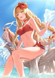Rule 34 | 1girl, animal, athena (granblue fantasy), bare arms, bare legs, bare shoulders, bikini, bird, blonde hair, blue eyes, blush, braid, breasts, choker, cleavage, day, feb itk, flower, granblue fantasy, hair flower, hair ornament, hibiscus, highres, long hair, looking at viewer, medium breasts, nail polish, navel, open mouth, outdoors, owl, red bikini, red choker, red nails, side-tie bikini bottom, sitting, smile, solo, stomach, swimsuit, thighs, tri braids, twin braids, very long hair, water, wet