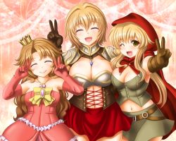 Rule 34 | 3girls, bad id, bad pixiv id, blonde hair, breasts, brown hair, cleavage, double v, closed eyes, lancer (red stone), large breasts, long hair, magic lancer (red stone), medium breasts, multiple girls, navel, one eye closed, princess (red stone), red stone, shin&#039;en (gyokuro company), short hair, tamer (red stone), v, wink, yellow eyes