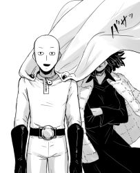 Rule 34 | 1boy, 1girl, anger vein, bald, cape, covering face, crossed arms, fubuki (one-punch man), greyscale, kuroha ai, monochrome, one-punch man, open mouth, saitama (one-punch man), short hair, smile
