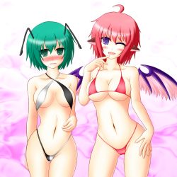 Rule 34 | 2girls, ahoge, animal ears, antennae, bad id, bad pixiv id, bare shoulders, bikini, black bikini, blush, breasts, cleavage, collarbone, contrapposto, cowboy shot, criss-cross halter, eyebrows, green eyes, green hair, groin, halterneck, hand on own hip, hand on own stomach, hands on own face, highres, large breasts, looking at viewer, micro bikini, monster girl, multiple girls, mystia lorelei, navel, no pupils, one eye closed, open mouth, pink background, purple eyes, red bikini, red hair, short hair, standing, swimsuit, thigh gap, touhou, white background, white bikini, wings, wriggle nightbug, yani tama