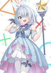 Rule 34 | 1girl, alternate costume, arona (blue archive), black choker, blue archive, blue dress, blue eyes, blue hair, blue sleeves, blush, braid, choker, colored inner hair, detached sleeves, dress, hair over one eye, halo, highres, holding, holding wand, looking at viewer, matsu520, multicolored hair, open mouth, pantyhose, pink hair, red halo, revision, short hair, single braid, solo, star (symbol), wand, white dress, white pantyhose