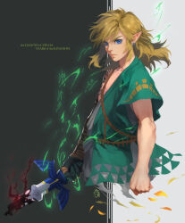 Rule 34 | 1boy, archaic set (zelda), black skin, blonde hair, blue eyes, broken, broken sword, broken weapon, clenched hand, closed mouth, collarbone, colored skin, copyright name, cropped legs, earrings, highres, holding, holding sword, holding weapon, jewelry, link, long hair, long sleeves, master sword, nintendo, pointy ears, shiyuu (shiyu), short sleeves, solo, sword, the legend of zelda, the legend of zelda: tears of the kingdom, tunic, weapon, white background