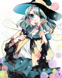 Rule 34 | 1girl, :p, black bow, black bowtie, black hat, blue eyes, bow, bowtie, bubble, choker, closed mouth, collar, collared shirt, finger to cheek, frilled shirt collar, frilled skirt, frilled sleeves, frills, green collar, green hair, green skirt, hat, hat bow, heart, heart of string, highres, holding, holding knife, knife, komeiji koishi, light blush, long sleeves, looking at viewer, medium hair, miniskirt, one-hour drawing challenge, open clothes, open shirt, pink choker, shirt, skirt, smile, snowflakes, solo, suzune hapinesu, third eye, tongue, tongue out, touhou, white background, white undershirt, wide sleeves, yellow bow, yellow shirt