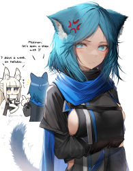 Rule 34 | 1boy, 2girls, absurdres, anger vein, angry, animal ears, arknights, blue eyes, blue hair, breasts, cat ears, cat girl, cat tail, english text, highres, horse ears, horse girl, monique (arknights), multiple girls, platinum (arknights), roy (arknights), scarf, sideboob, tab head, tail, white background