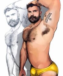 Rule 34 | 1boy, arm hair, armpit hair, artist request, bara, beard, body hair, briefs, bulge, chest hair, facial hair, feet out of frame, full beard, hairy, hand on own head, large pectorals, leg hair, looking at viewer, male focus, male underwear, mature male, muscular, muscular male, navel, navel hair, nipples, original, pectorals, projected inset, real life, realistic, short hair, solo, thick beard, thick eyebrows, thick mustache, topless male, underbust, underwear, yellow male underwear